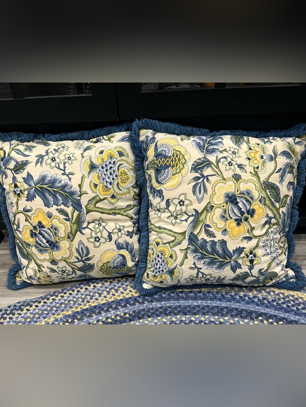 Waverly Imperial Dress Throw Pillow Blue Yellow Green Jacobean Floral & Stripe-2